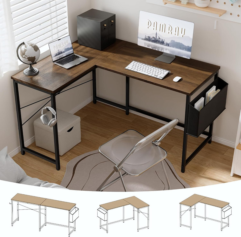 47 Inch Reversible L Shaped Gaming Desk Corner Computer Desk with Storage Bag Ho