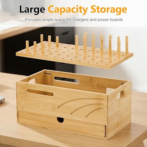 Bamboo Charging Station Organizer: 2 Layer Charger Holder with Drawer Natural gallery