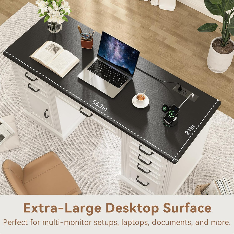 Farmhouse 57" Executive Desk with 7 Drawers, Home Office Desk with File Cabinet gallery