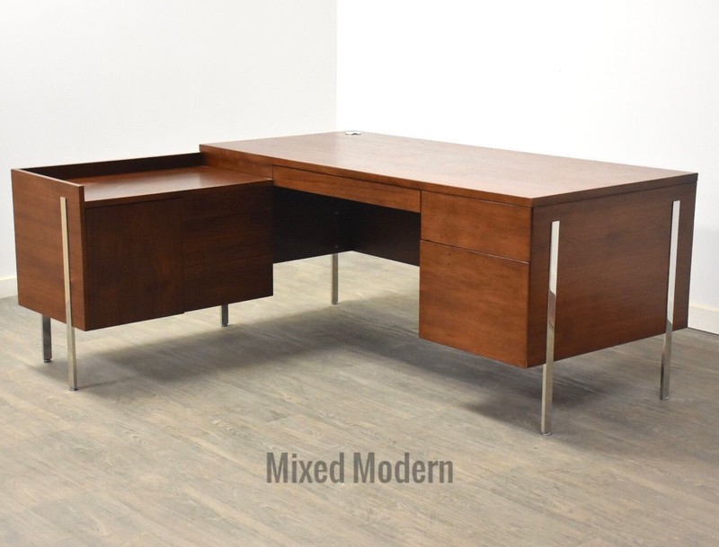 Harvey Probber Walnut & Chrome Mid Century Modern L Shaped Desk