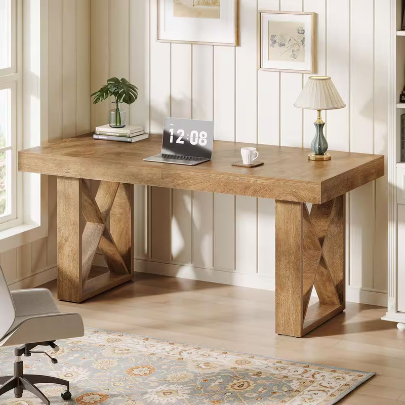 Moronia 63 In. Rectangle Brown Wood Computer Desk, Conference Table with X-Shape gallery