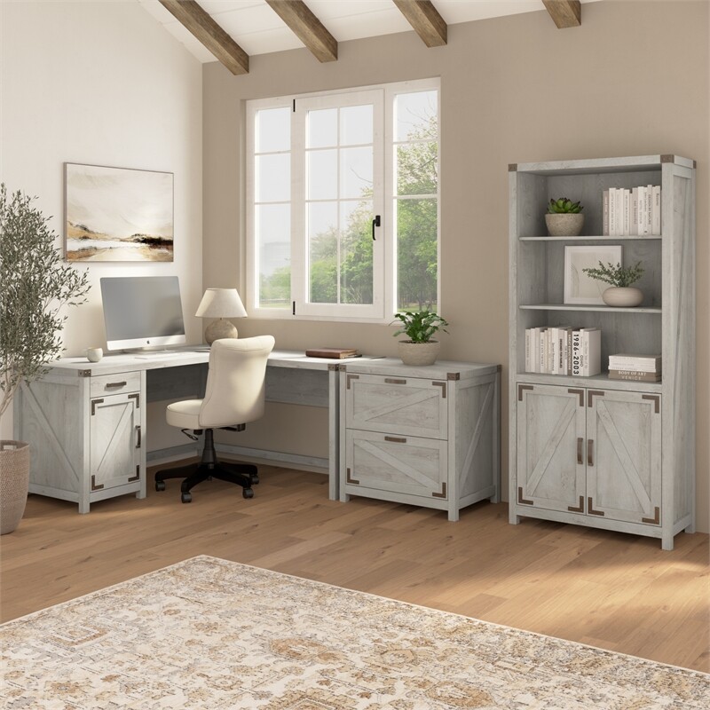 Pemberly Row 60W L Shaped Desk with Storage Cabinet in Cottage White