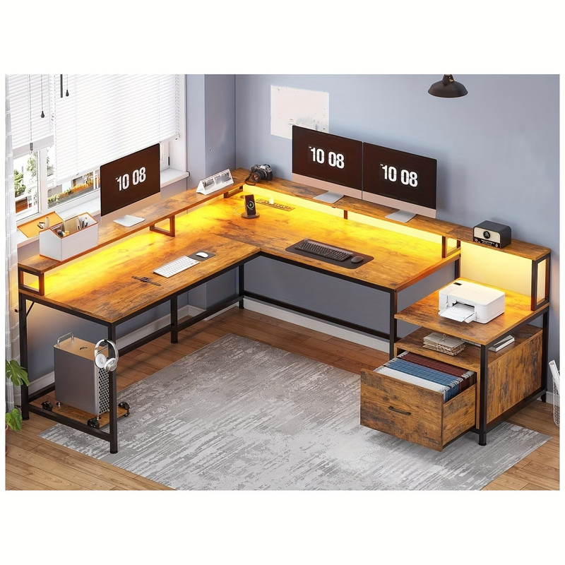 L Shaped Desk w/ File Drawer LED Lights Monitor Shelf 2 Person Office