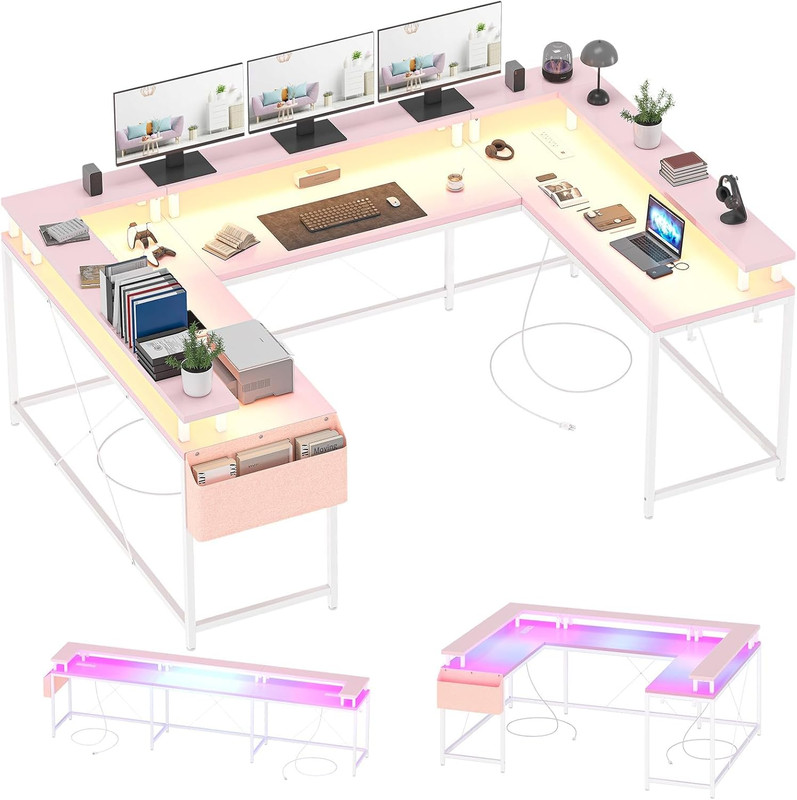 79" U Shaped Large Computer Desk with Power Outlets & LED Lights, Gaming Desk wi gallery
