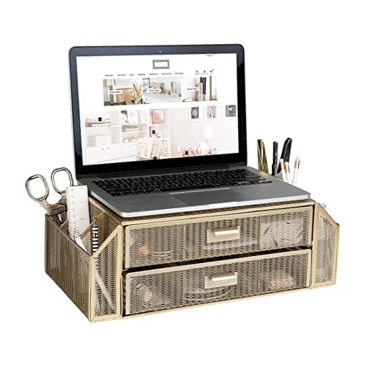 | Monitor Stand with Drawer Storage | Desk Top Monitor Stand Riser | Gold