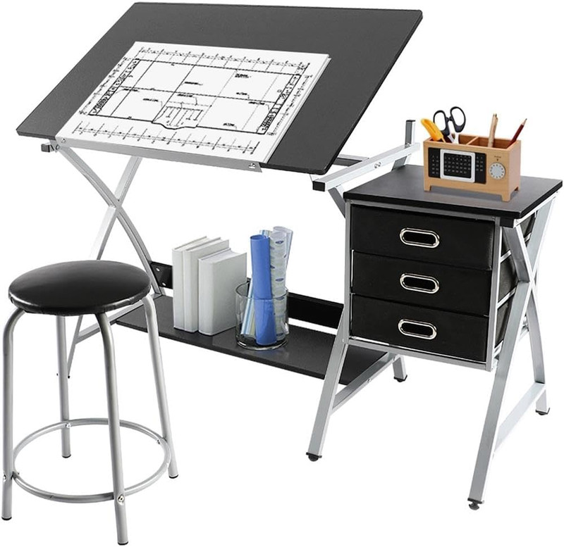 Drafting Desk, Drawing Table for Artists/Adults, Art Desk W/Stool and 3 Slide Dr