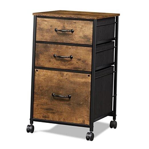 Mobile File Cabinet, Rolling Printer Stand with Rustic Brown Wood Grain Print