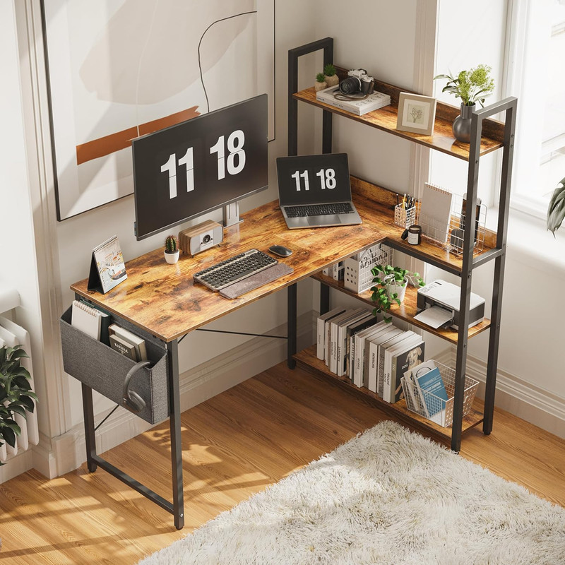L Shaped 47″ Computer Desk with Bookshelf & Storage for Home Office, Brown