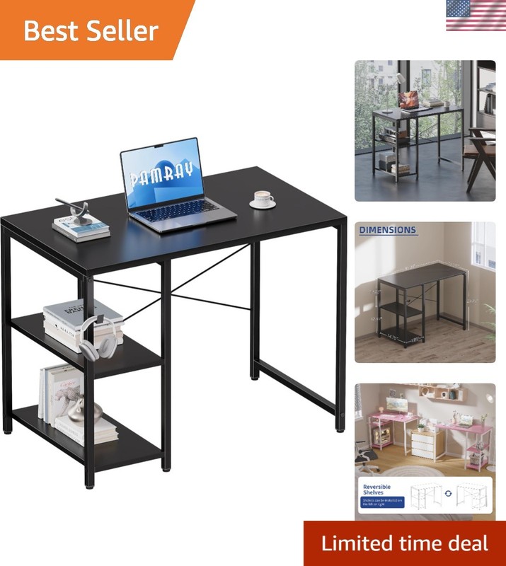 32 Inch Small Computer Desk with Shelves, Home Office Desk with Headphone Hoo...