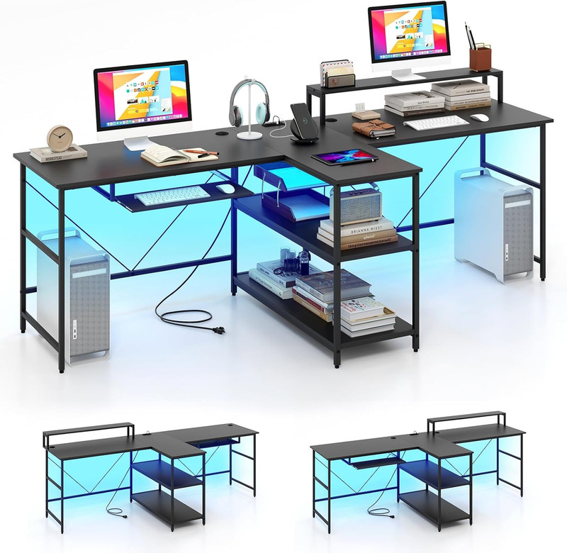Reversible 2-Person Computer Desk with LED Lights & Power Outlets – Black