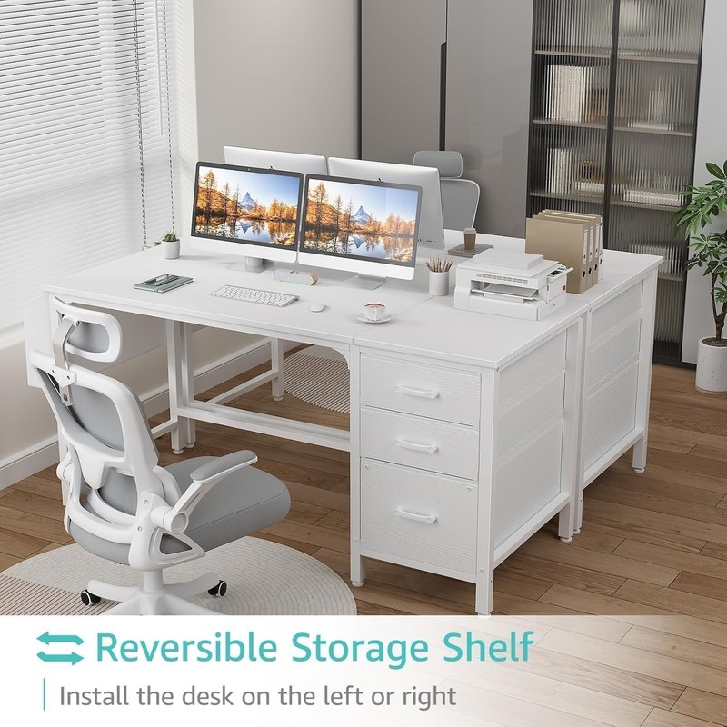 White Computer Desk with Fabric File Drawers Cabinet, 55 Inch Reversible Desk gallery