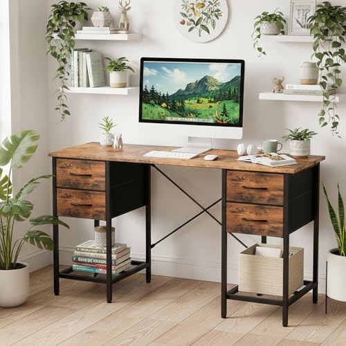 Computer Desk with Drawers, 47 Inch Home Office Bedroom 47IN-4 Drawers Brown