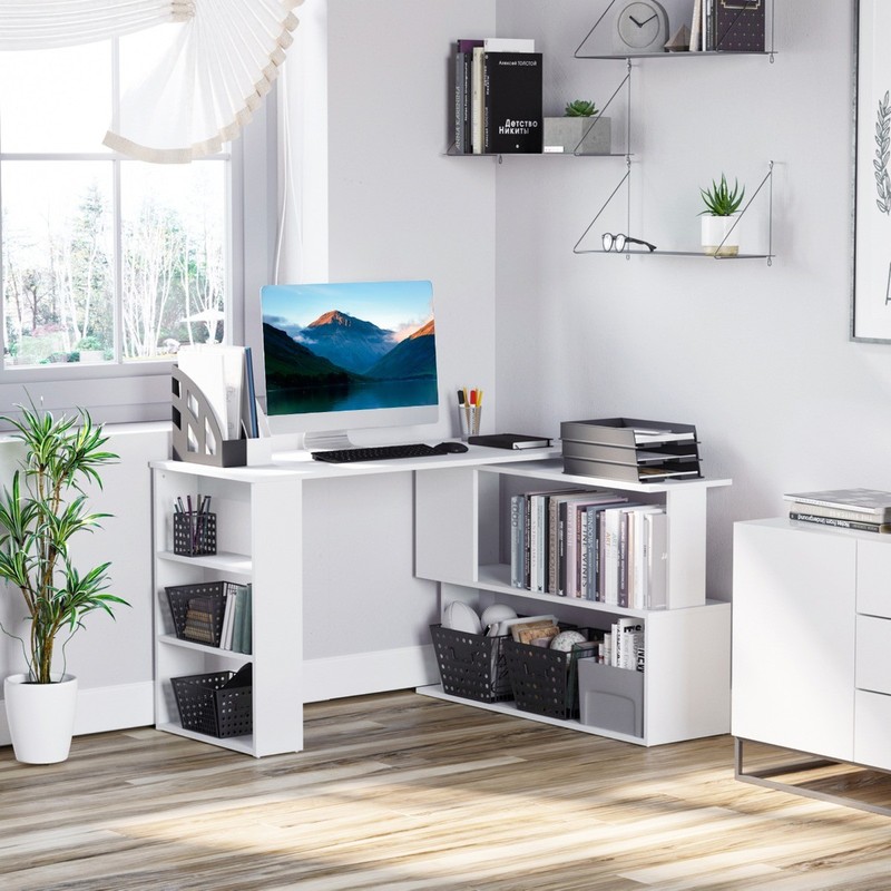 L-Shaped Corner Computer Desk Rotating Home Office Workstation with Shelves gallery