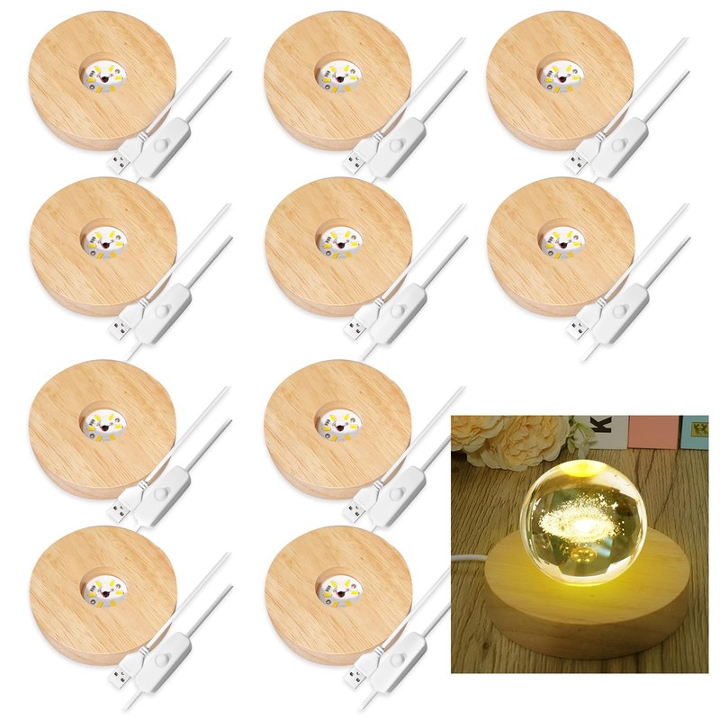Olutacot 10 Pcs Wooden LED Display Bases Round Wood Lighted White