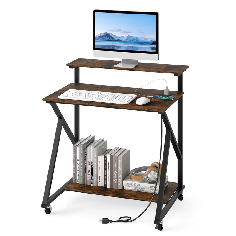 Rolling Computer Desk, 32” Laptop Desk with Charging Station & Monitor Shelf