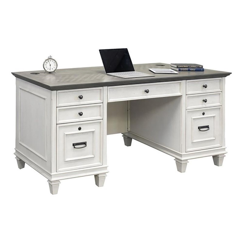 Beaumont Lane Farmhouse Wood Double Pedestal Desk Executive Desk in White/Gray gallery