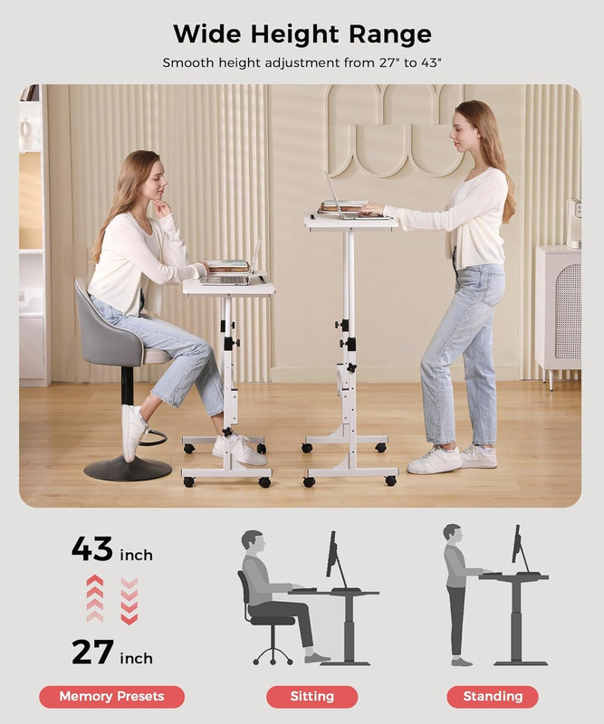 Standing Desk Adjustable Height, Mobile Stand up Desk with Wheels Small Computer gallery