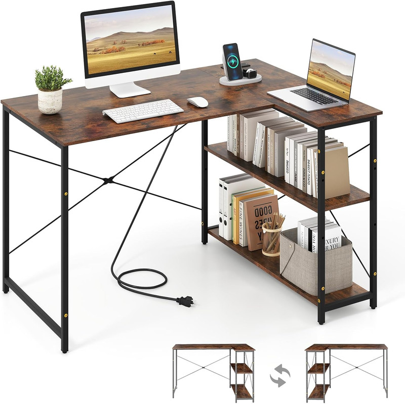 L Shaped Desk with Charging Station & Adjustable Shelves – Rustic Brown