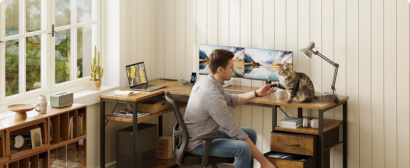63 inch L Shaped Computer Desk with Drawers, Reversible Computer Desk with gallery