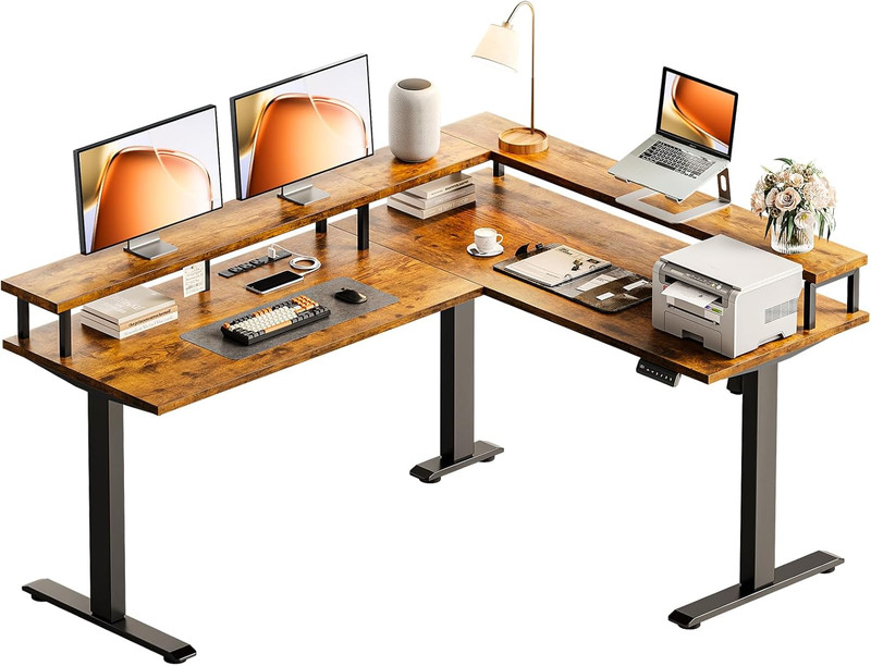 Electric L Shaped Standing Desk,59", w/ Power Outlets,Monitor Stand,Rustic Brown