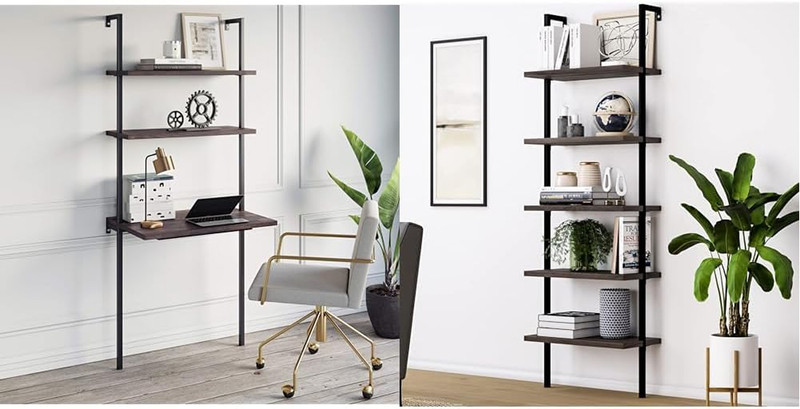 Theo 2-Shelf Industrial Wall Mount Ladder Table & Theo 5-Shelf Wood Modern Bookc
