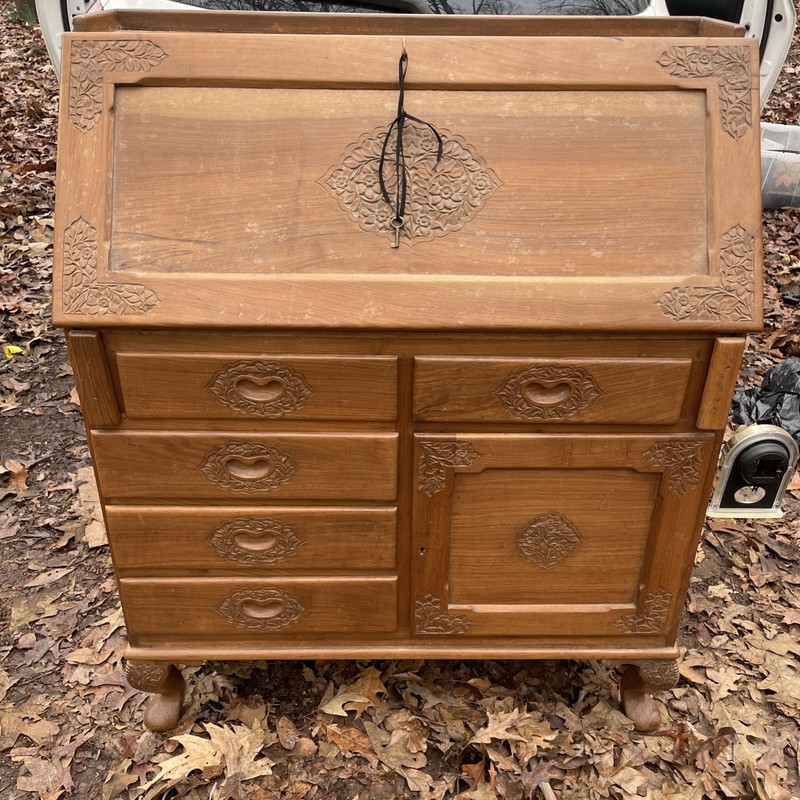 Vintage Teak Chippendale Style Fall Front Drop Front Secretary Desk with Key