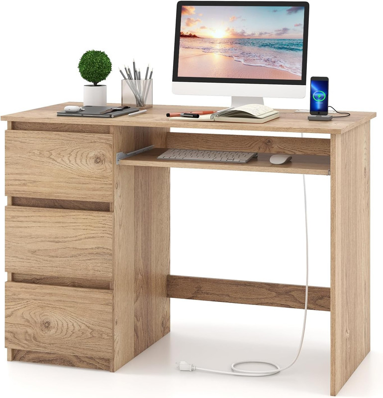 Computer Desk with 3 Storage Drawers & Built-In Charging Station, Home Office De