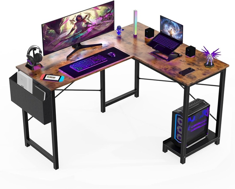 Home Office L Shape Corner Computer Desk Gaming PC Table with CPU Stand Side Bag gallery