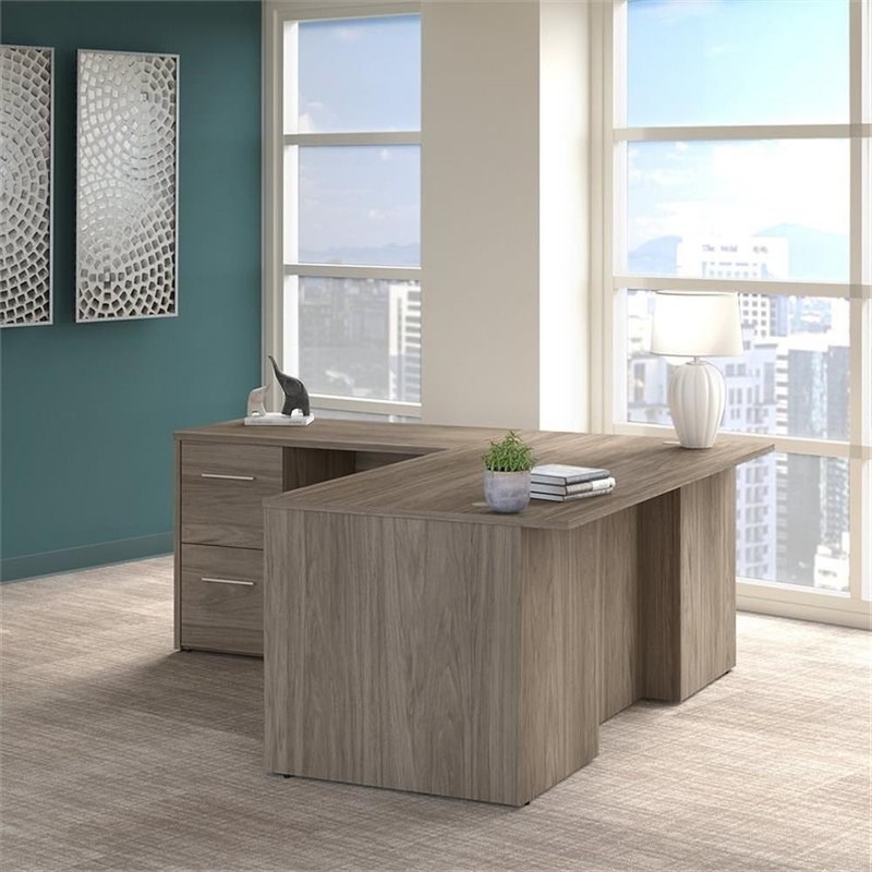 Pemberly Row 72W L Shaped Desk with Drawers in Modern Hickory - Engineered Wood gallery