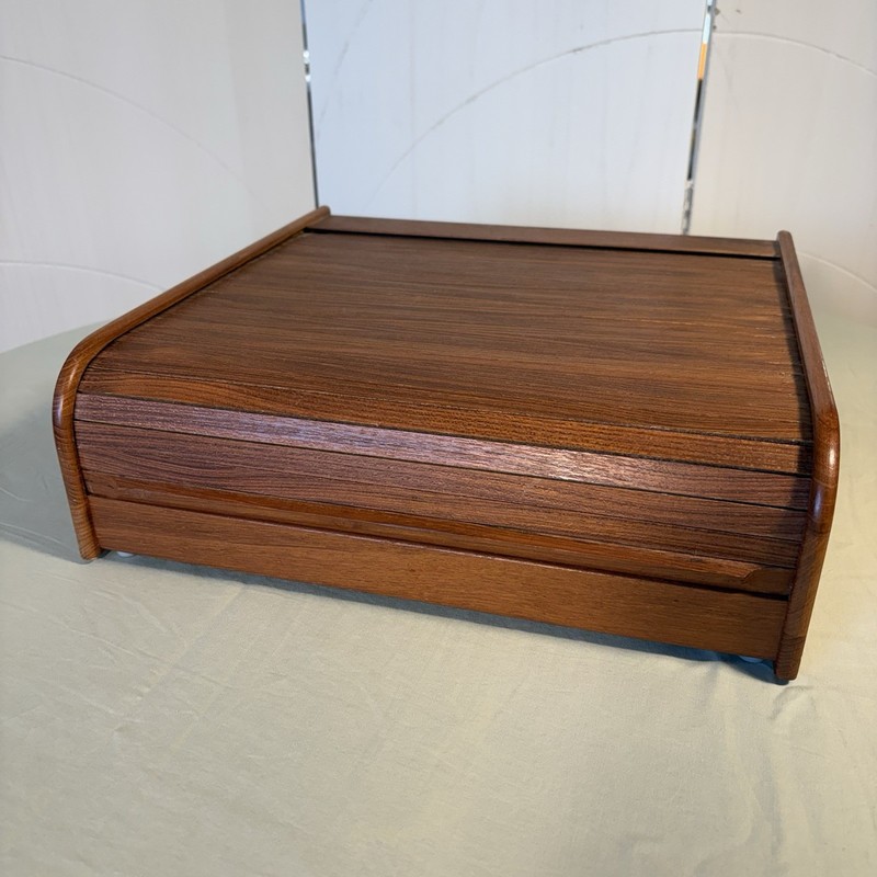 Vintage MCM Teak Roll Top Desk Organizer Storage