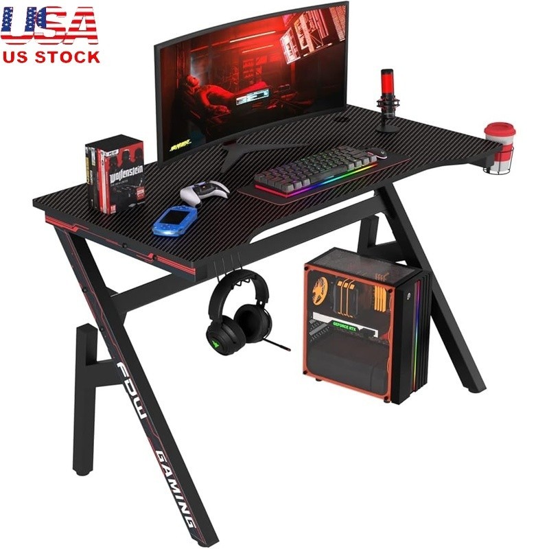 Gaming Desk W/ Cable Management & Cup Holder Sturdy Pro Setup Workstation New