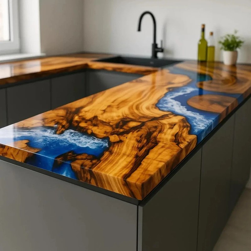 Luxury Blue Ocean Epoxy Kitchen Countertop – Custom Island Slab for Contemporary gallery