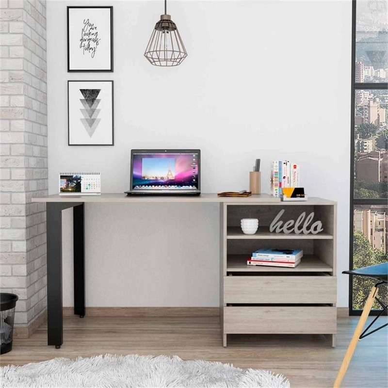 Atlin Designs Modern Wood Desk with 2-Drawer & 2 Shelves in Light Gray gallery