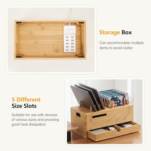Bamboo Charging Station Organizer: 2 Layer Charger Holder with Drawer Natural gallery