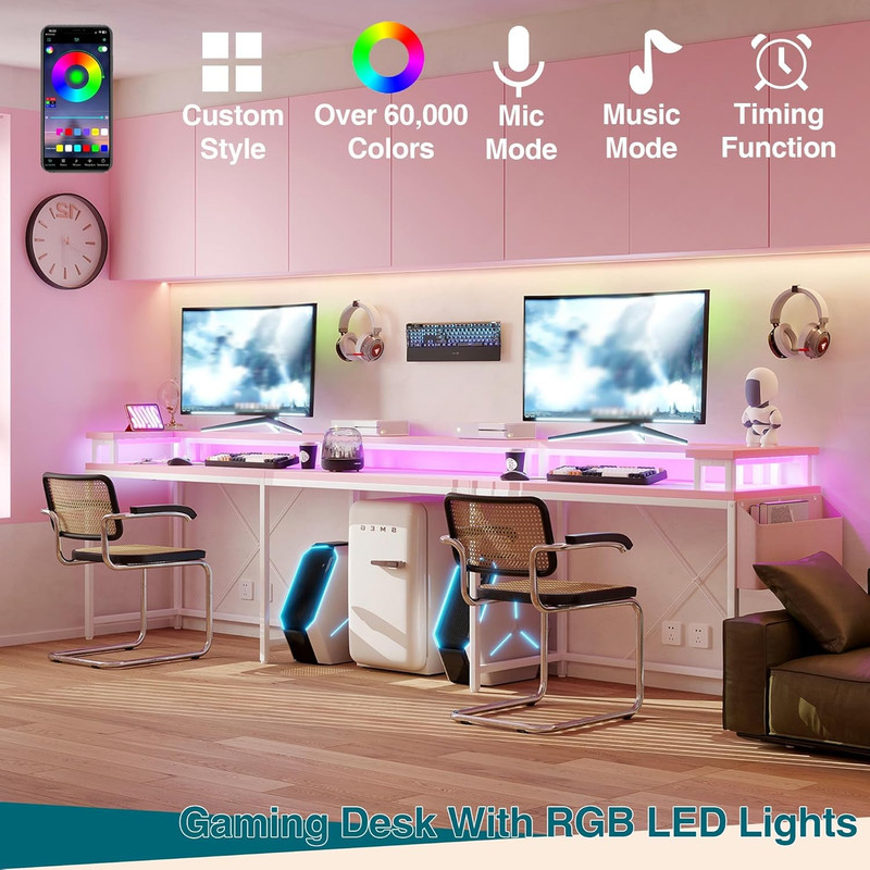 79" U Shaped Large Computer Desk with Power Outlets & LED Lights, Gaming Desk wi gallery
