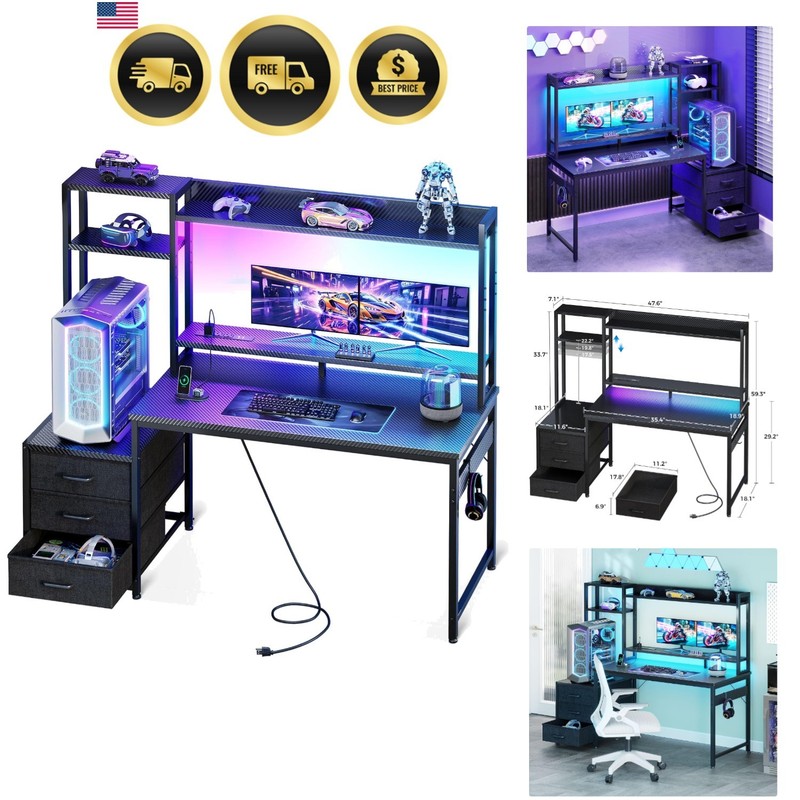 Gaming Desk with LED Lights USB Ports Storage Hutch Modern Home Office