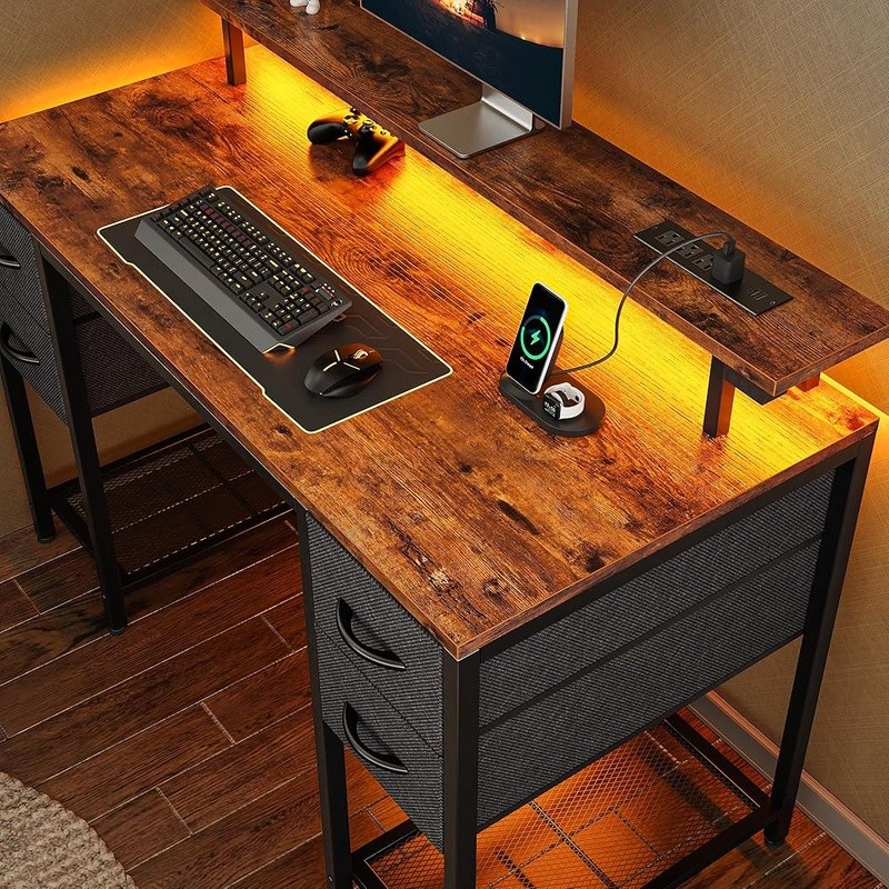 Computer Desk W/ LED Lights USB Ports Drawers Shelves Gaming Office Use