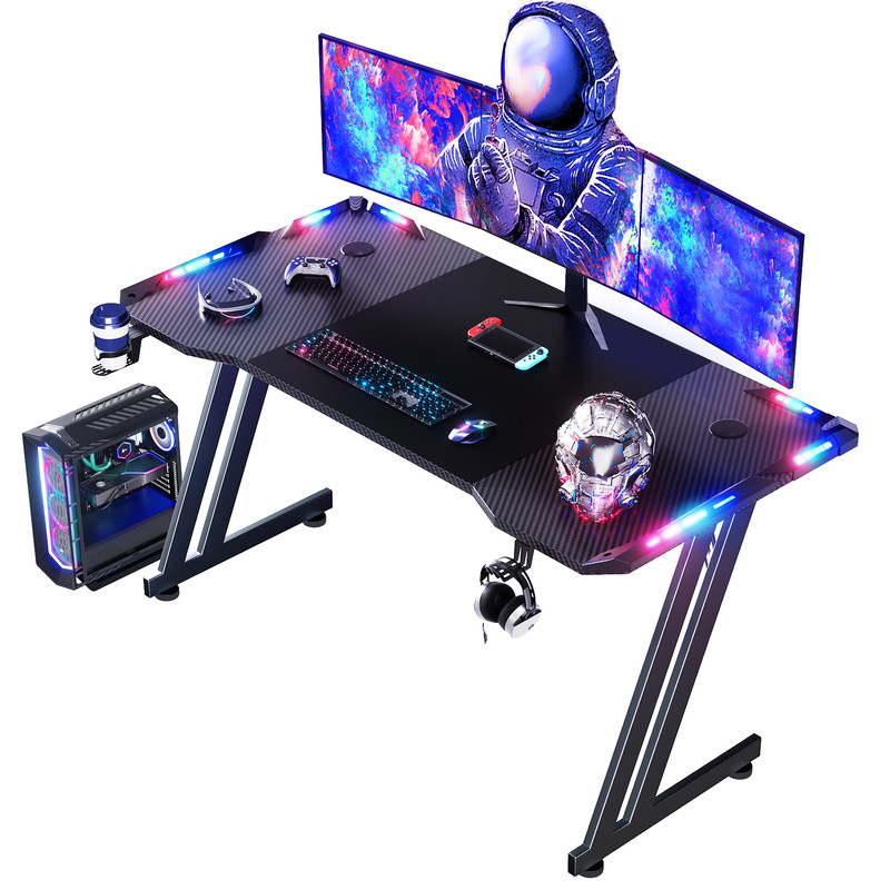 55/63 inch Gaming Desk with LED Light , Gaming Table with Cup Holder & Mouse Pad