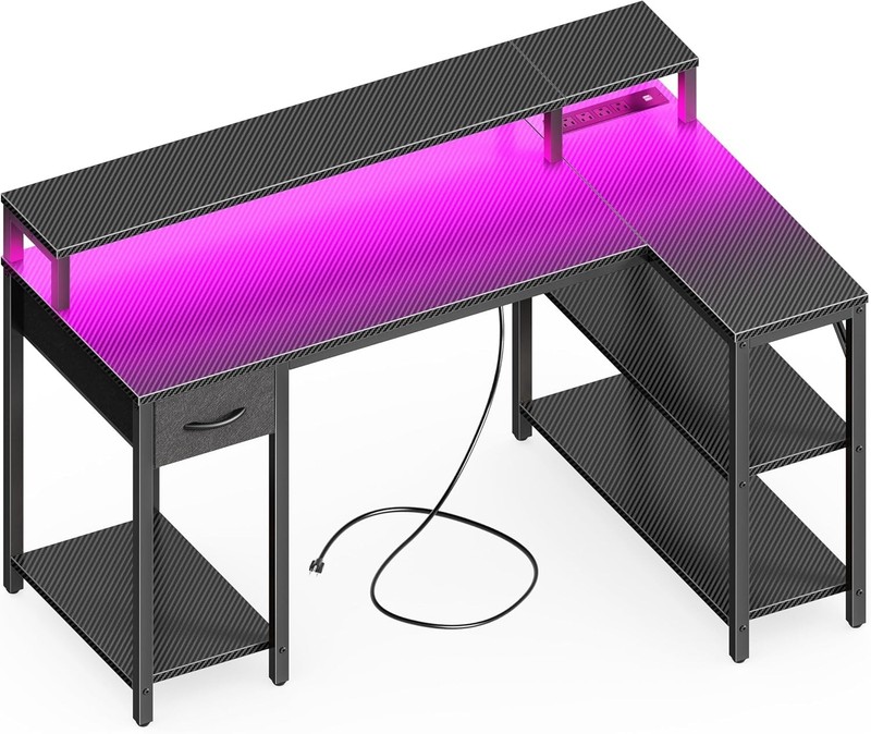 47-Inch L-Shaped Corner Desk with Built-in LED & Power Outlets for Home & Office gallery