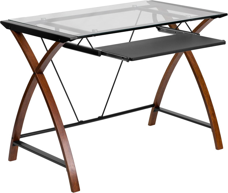 Jude Cherry Tempered Glass Desk with Pull-Out Keyboard Tray, Small Home Office
