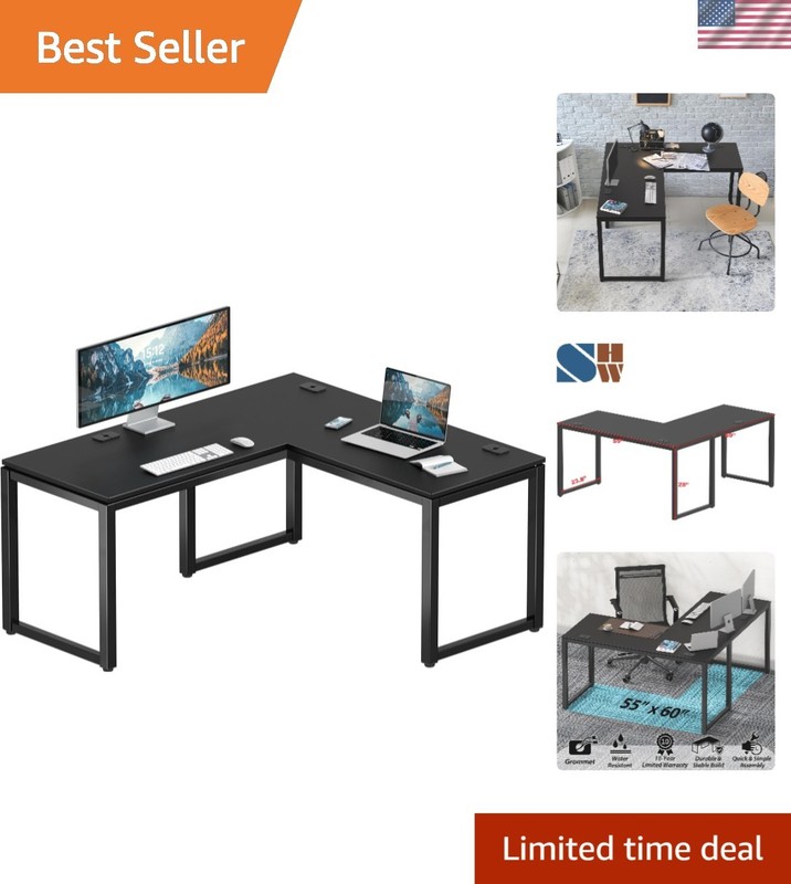 55 x 60 Inch Corner Office Desk – Modern L-Shaped, Black Powder Coated Finish