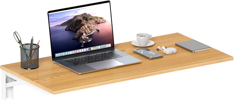 Heavy Duty Wall Mounted Folding Desk – 36″x20″ for Small Spaces – Teak & White