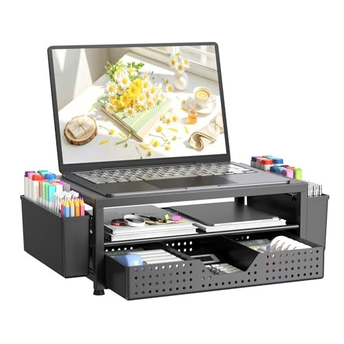 Laptop Stand Desk Organizer, 2-Tier Metal Monitor Black – Perforated Steel Top