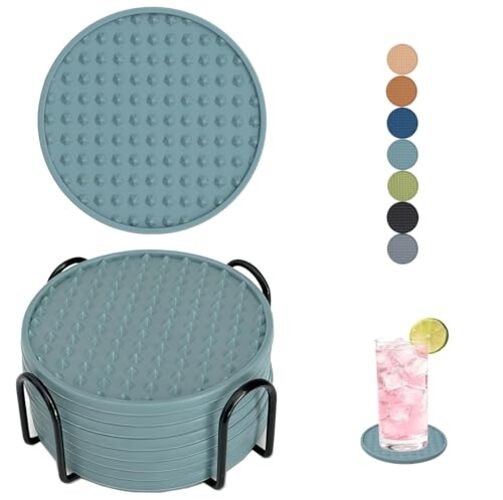 Set of 8 Silicone Coasters, 4» Drink Coaster with 8 Pcs-Metal Holder Blue