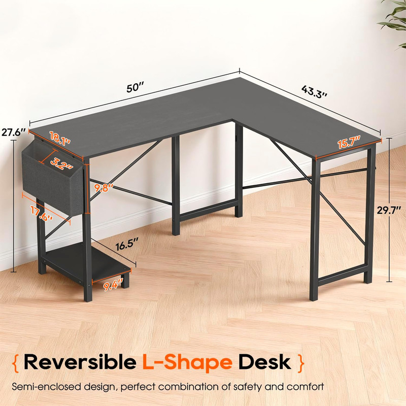 50 Inch L-Shaped Desk,Gaming Desk Computer Desk with Side Storage Bag & CPU Stan gallery