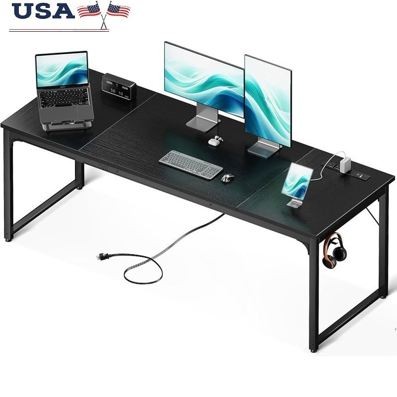 Large Computer Desk W/ Power Outlets USB Ports Sturdy Metal Frame Easy Assembly