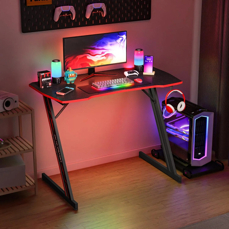 39 Inch Z-Shaped Gaming Desk with Headphone Hook Sturdy with Spacious Desktop,Re