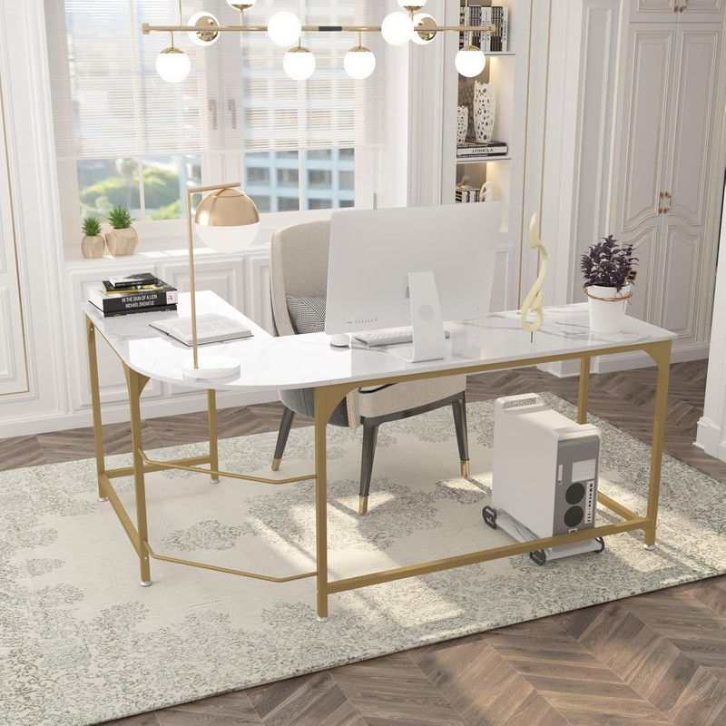 Modern Reversible L-Shaped Desk - 66" White Marble Gold Corner Workstation gallery