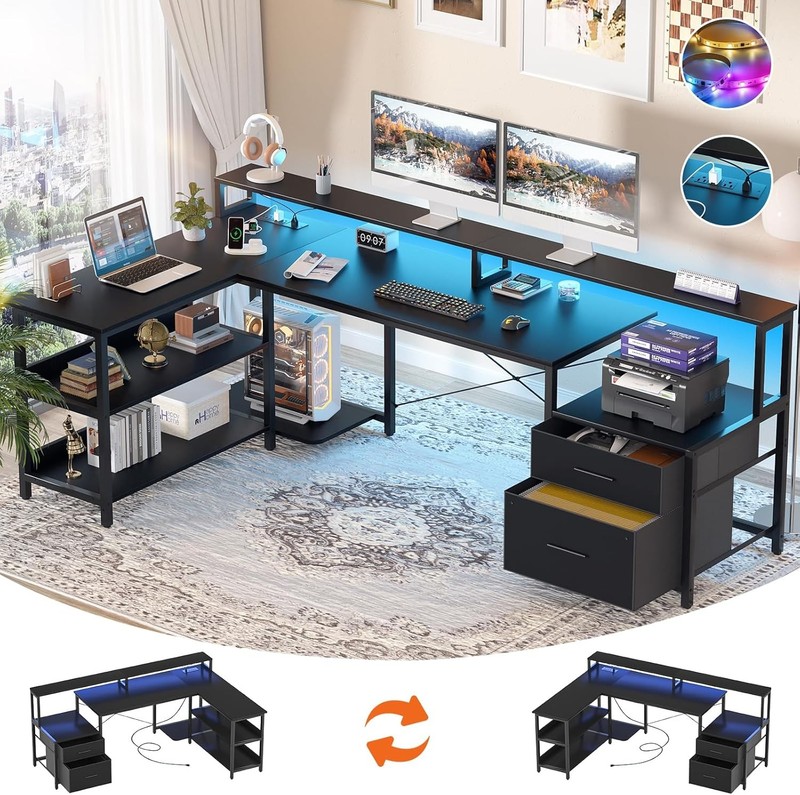 L Shaped Computer Desk with File Drawer Cabinet 67″ Home Office Desk with Shelve