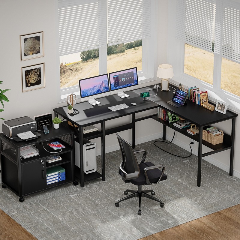 50» Reversible L-Shaped Computer Desk with Charging Station and Storage Shelves